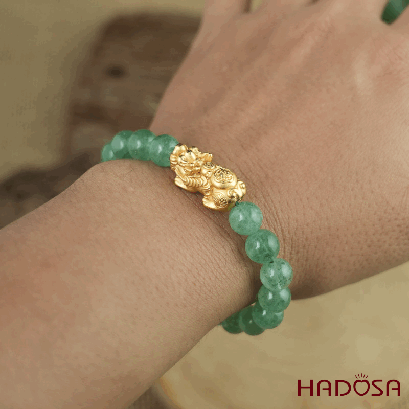 Vòng đá Thạch anh dâu tây xanh 8mm chuẩn 6A mix tỳ hưu bạc mạ vàng