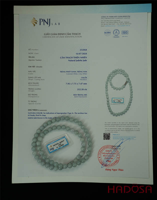 Vòng cổ Ngọc Cẩm Thạch Jade A nếp chủng lí môn 8mm 50cm