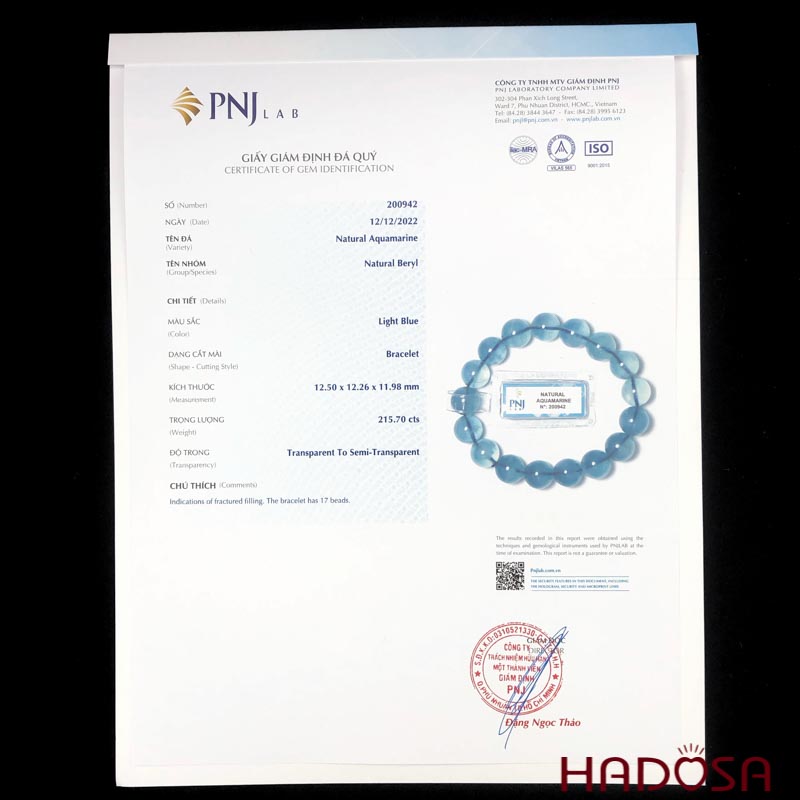 Vòng đá Aquamarine 12mm chuẩn 8A