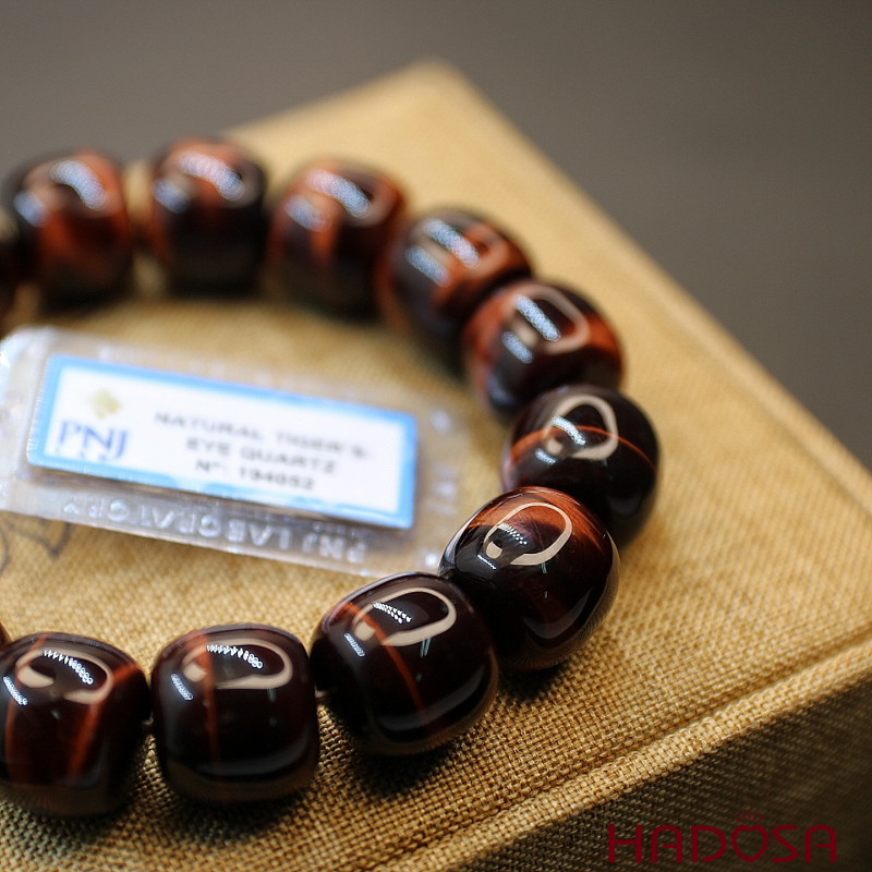 Vòng đá Mắt Hổ nâu đỏ hạt trụ 14mm chuẩn 6A