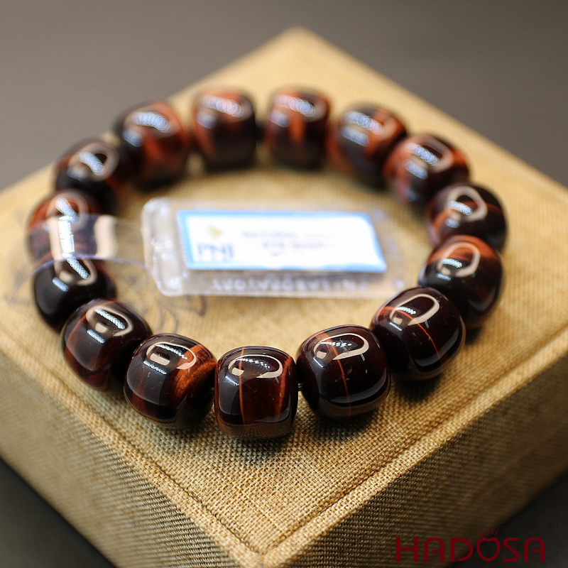 Vòng đá Mắt Hổ nâu đỏ hạt trụ 14mm chuẩn 6A