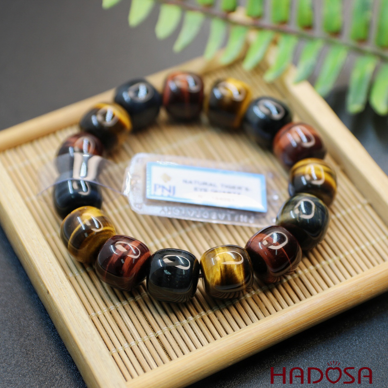 Vòng Thạch anh Mắt Hổ tam tài hạt trụ 14mm chuẩn 6A