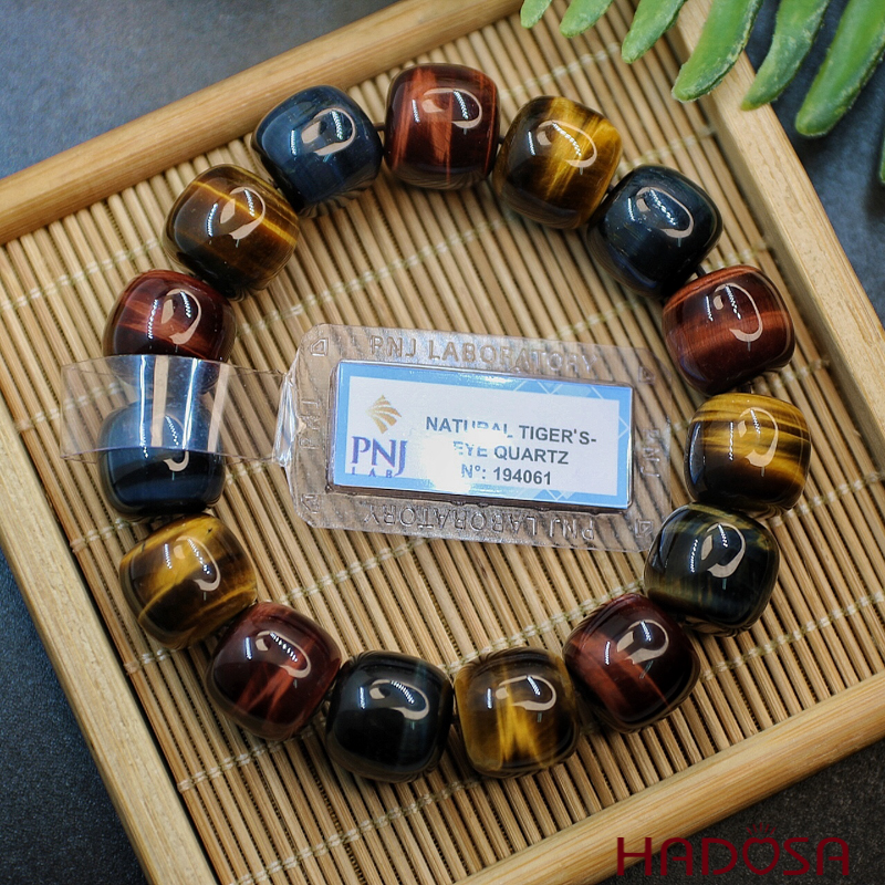 Vòng Thạch anh Mắt Hổ tam tài hạt trụ 14mm chuẩn 6A