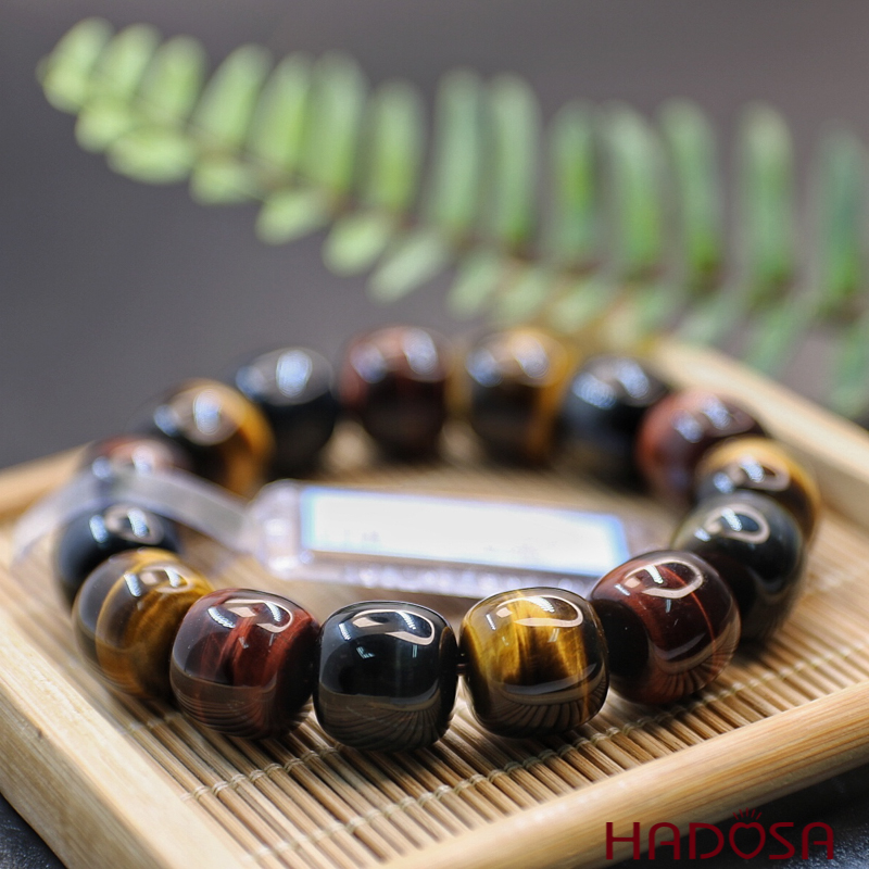 Vòng Thạch anh Mắt Hổ tam tài hạt trụ 14mm chuẩn 6A