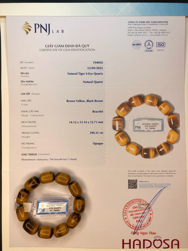 Vòng đá Mắt Hổ vàng nâu hạt trụ 13x18mm chuẩn 6A