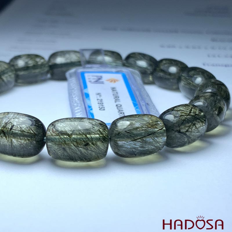 Vòng đá Thạch anh Tóc xanh hạt trụ 10*14mm chuẩn 5A