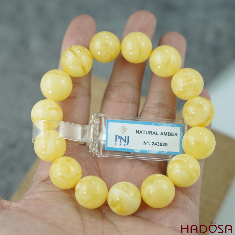 Vòng Hổ Phách Baltic vàng bơ 14mm