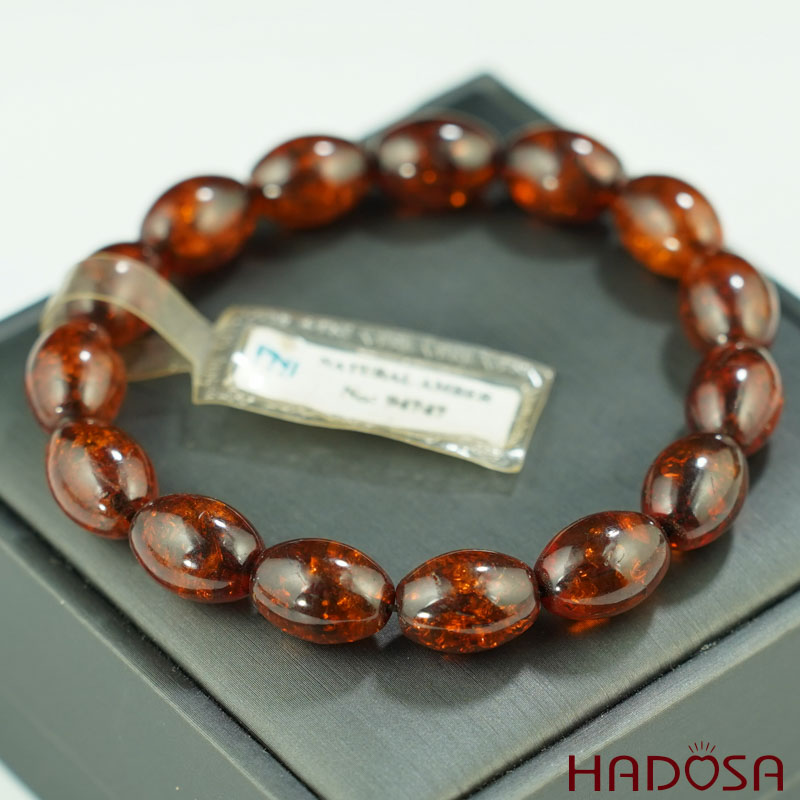 Vòng Hổ Phách Baltic vàng nâu hạt olive 10x14mm