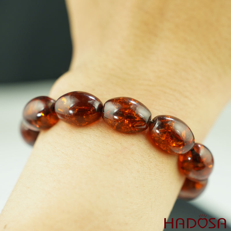 Vòng Hổ Phách Baltic vàng nâu hạt olive 10x14mm