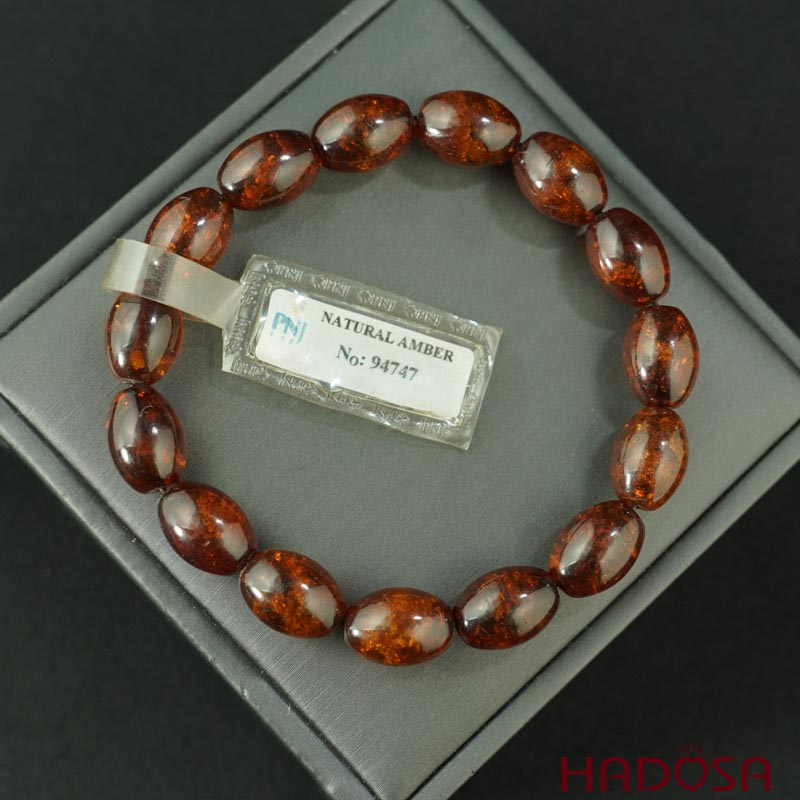 Vòng Hổ Phách Baltic vàng nâu hạt olive 10x14mm