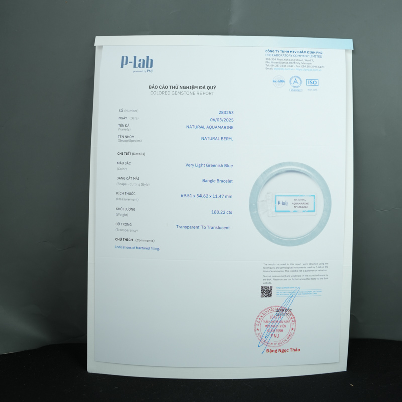 Vòng kiềng Aquamarine oval ni 54 chuẩn 4A