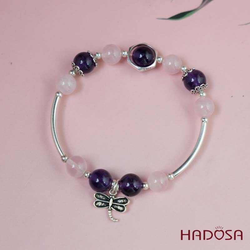 Vòng thạch anh tím mix thạch anh hồng 9mm charm bạc 925
