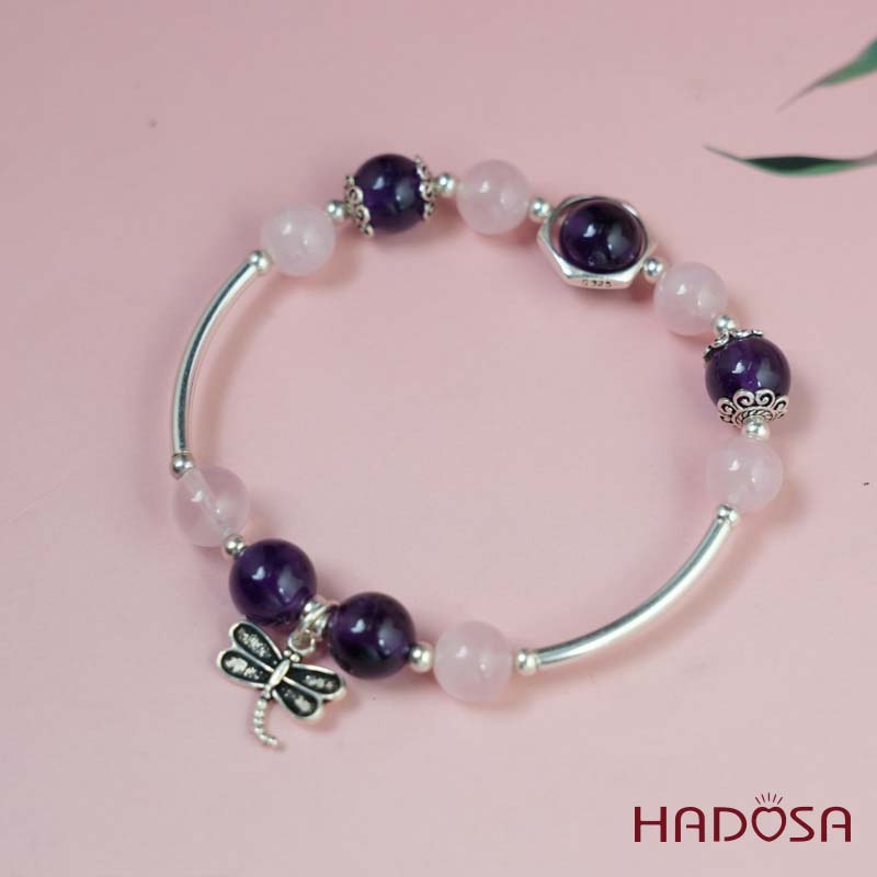 Vòng thạch anh tím mix thạch anh hồng 9mm charm bạc 925