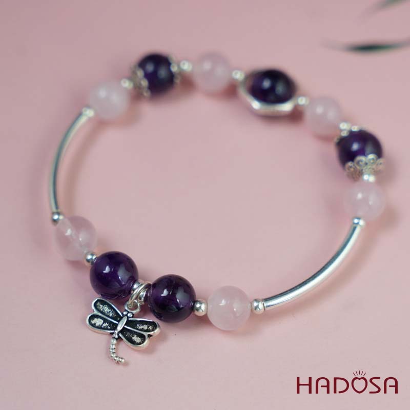 Vòng thạch anh tím mix thạch anh hồng 9mm charm bạc 925