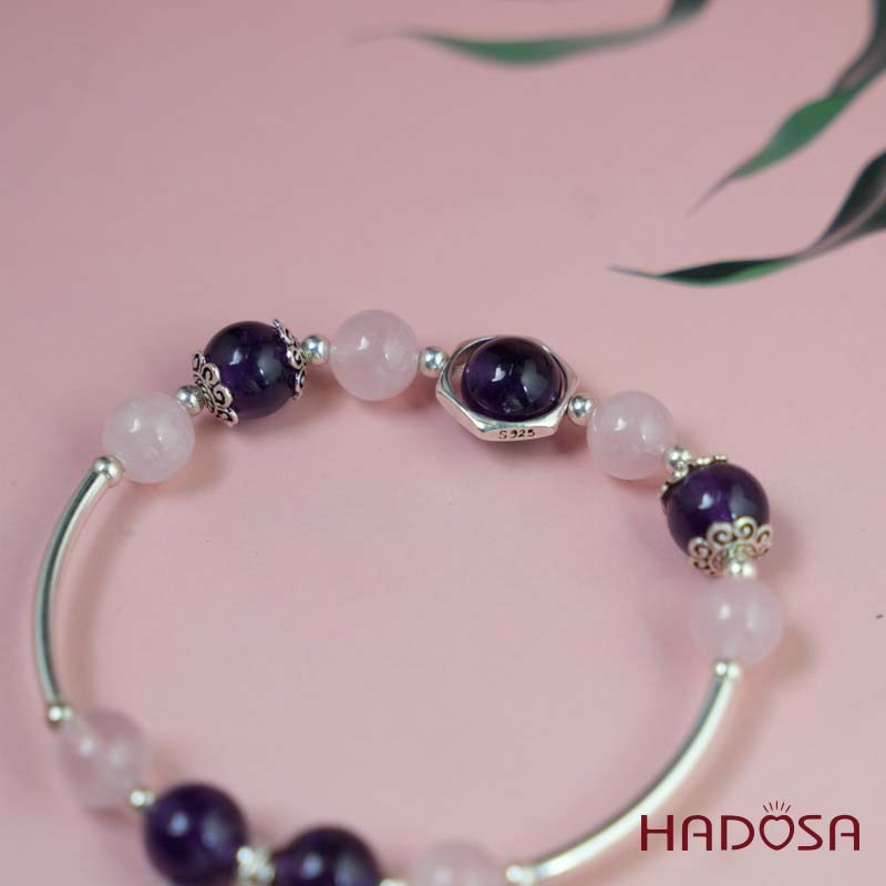 Vòng thạch anh tím mix thạch anh hồng 9mm charm bạc 925