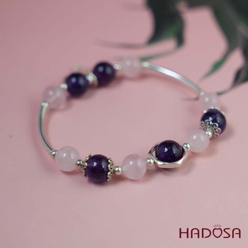 Vòng thạch anh tím mix thạch anh hồng 9mm charm bạc 925