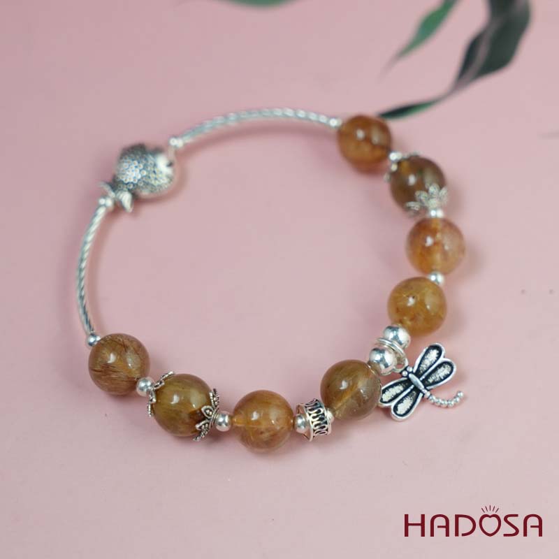 Vòng tay thạch anh tóc vàng 9mm mix charm bạc 925