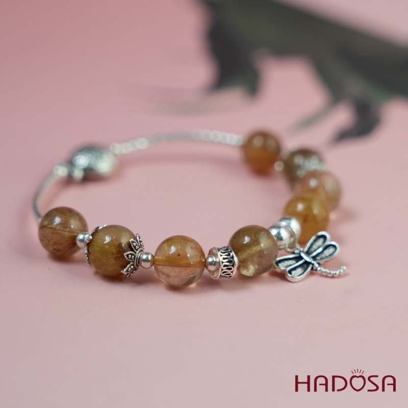 Vòng tay thạch anh tóc vàng 9mm mix charm bạc 925