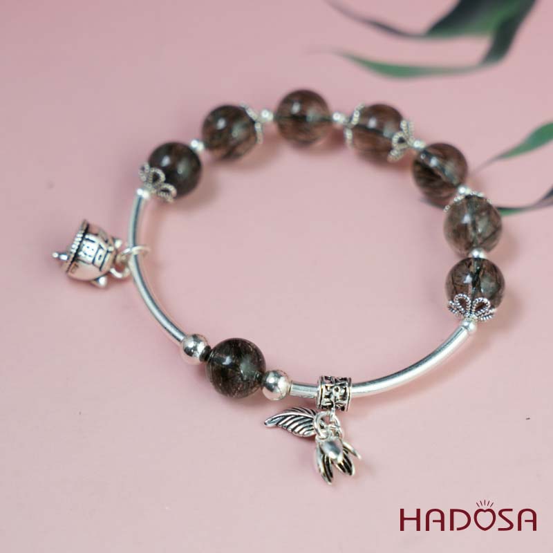 Vòng thạch anh tóc xanh 8mm mix charm bạc 925