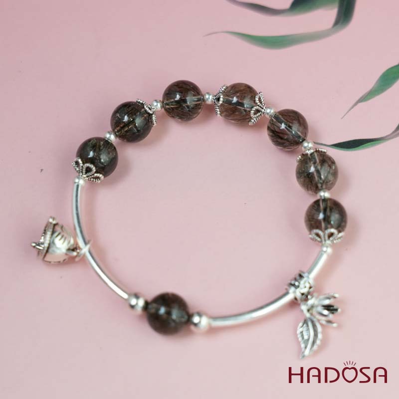 Vòng thạch anh tóc xanh 8mm mix charm bạc 925