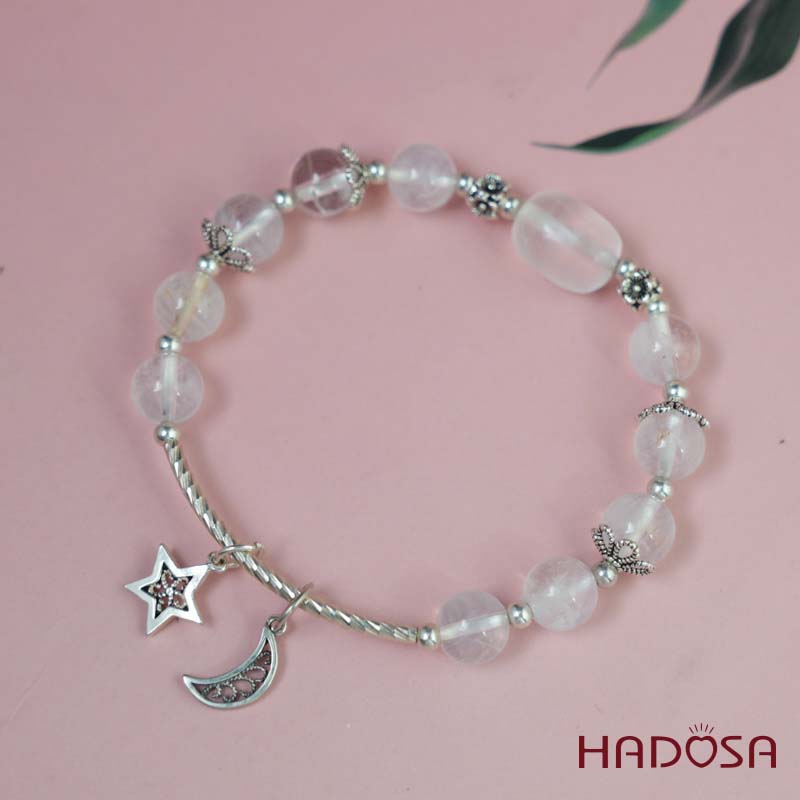 Vòng tay Thạch anh trắng vân mây 8mm mix charm bạc 925