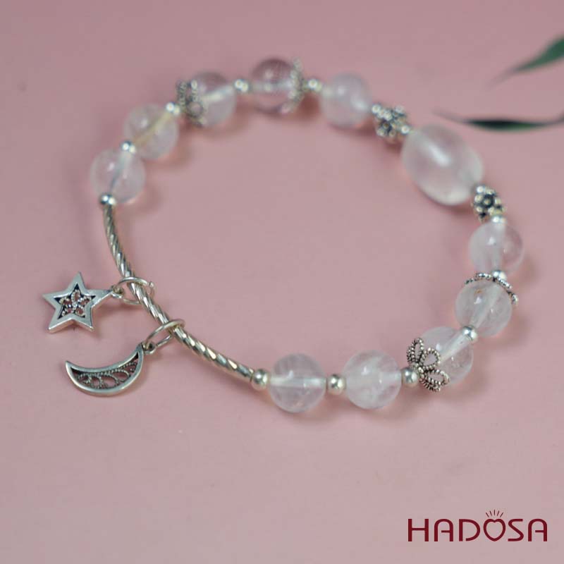 Vòng tay Thạch anh trắng vân mây 8mm mix charm bạc 925