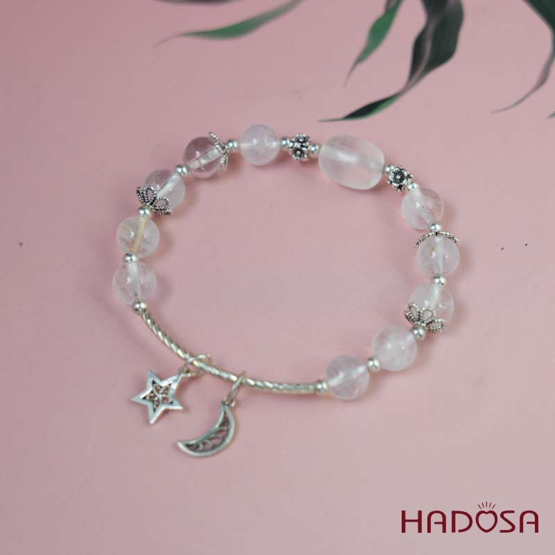 Vòng tay Thạch anh trắng vân mây 8mm mix charm bạc 925