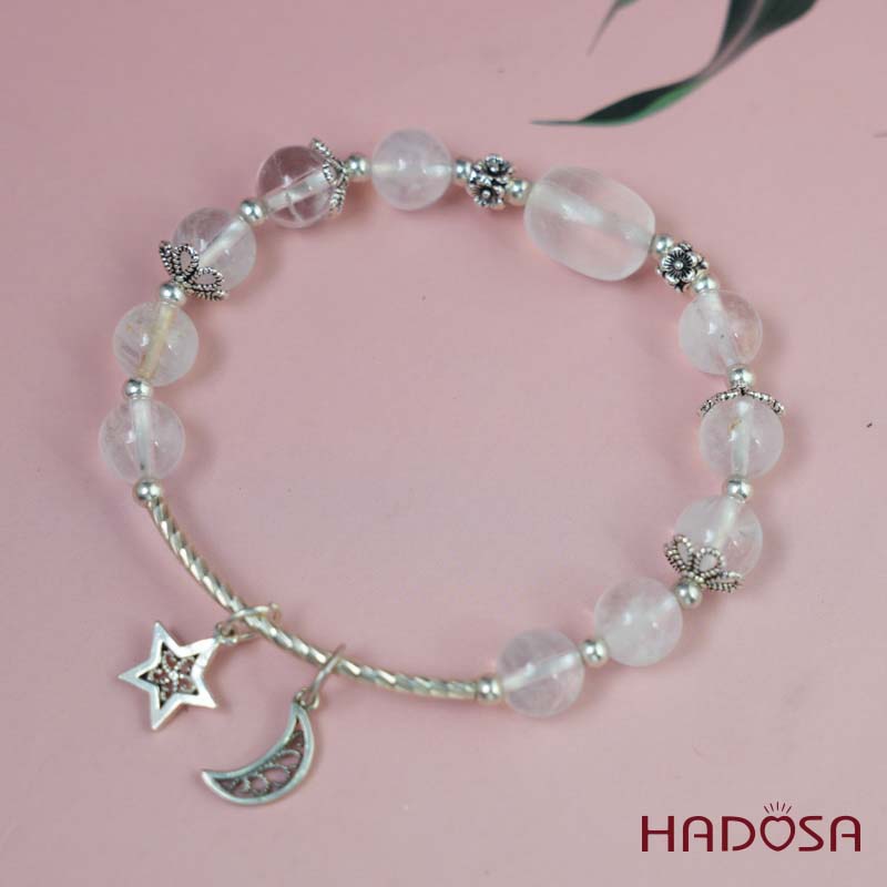 Vòng tay Thạch anh trắng vân mây 8mm mix charm bạc 925