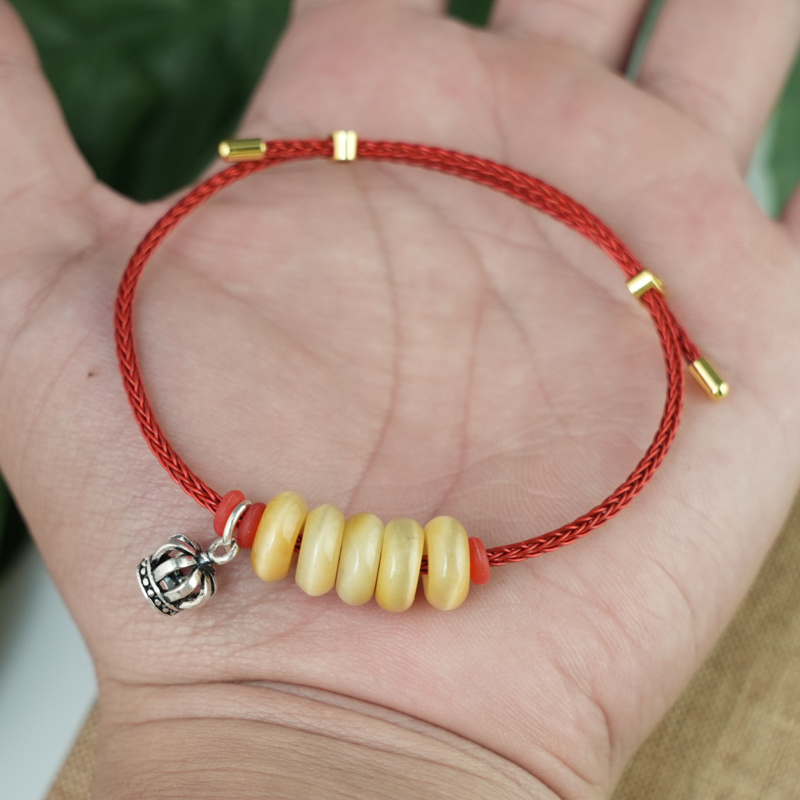 Vòng ngũ điếu mắt hổ vàng nâu mix charm vương miện