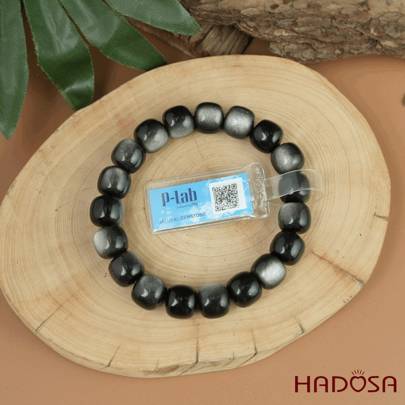 Vòng tay đá Obsidian-Hắc Diện Thạch ánh bạc hạt trụ 11x12mm