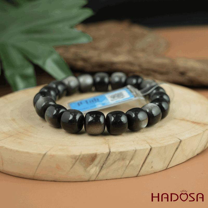 Vòng tay đá Obsidian-Hắc Diện Thạch ánh bạc hạt trụ 11x12mm