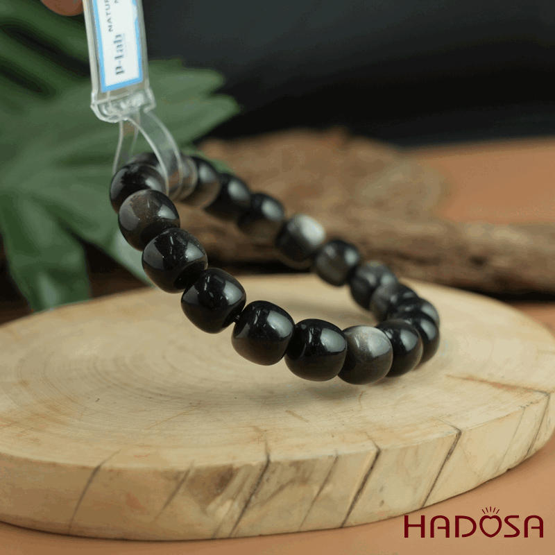 Vòng tay đá Obsidian-Hắc Diện Thạch ánh bạc hạt trụ 11x12mm