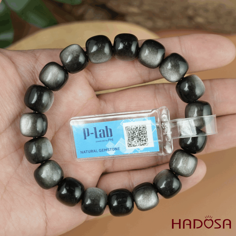 Vòng tay đá Obsidian-Hắc Diện Thạch ánh bạc hạt trụ 11x12mm