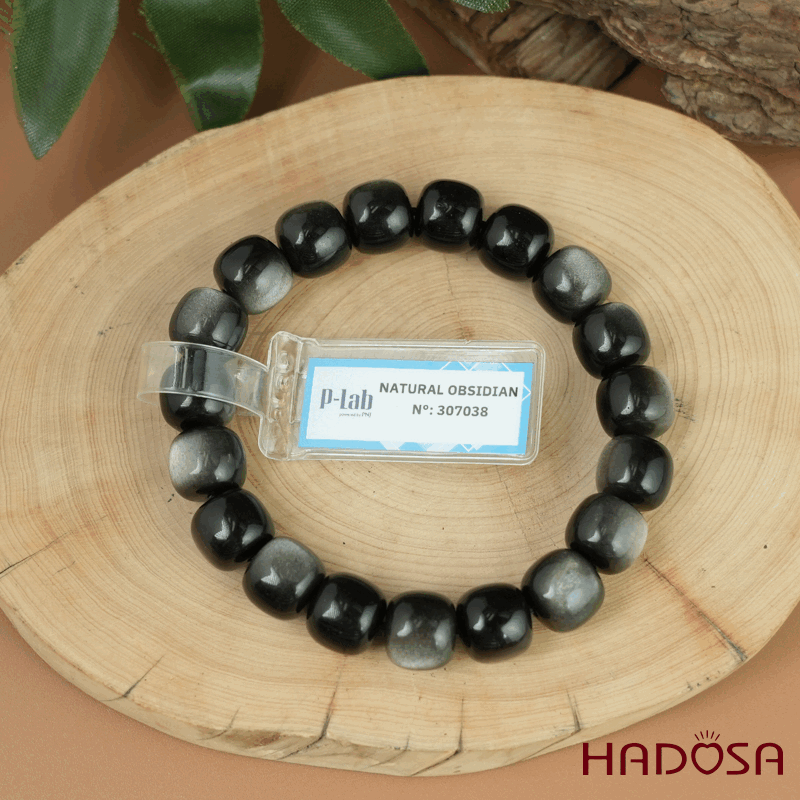 Vòng tay đá Obsidian-Hắc Diện Thạch ánh bạc hạt trụ 11x12mm