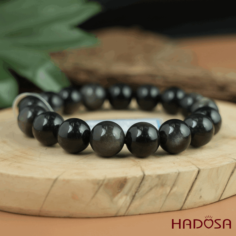 Vòng tay đá Obsidian-Hắc Diện Thạch ánh bạc 12mm