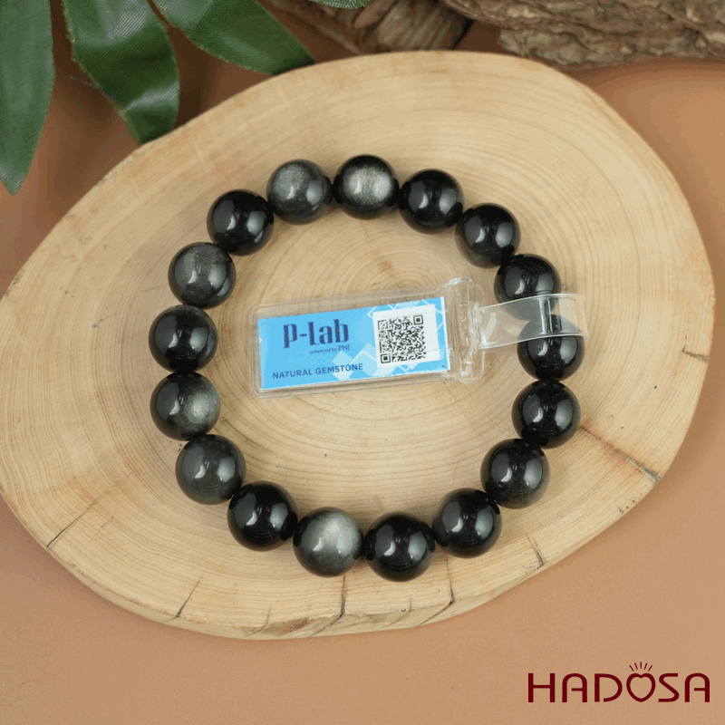 Vòng tay đá Obsidian-Hắc Diện Thạch ánh bạc 12mm