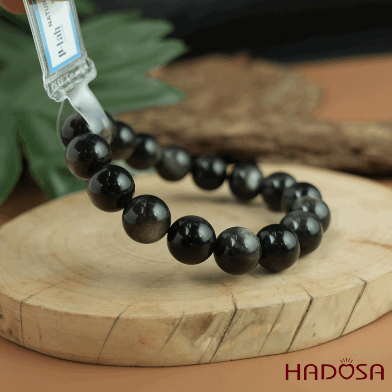 Vòng tay đá Obsidian-Hắc Diện Thạch ánh bạc 12mm