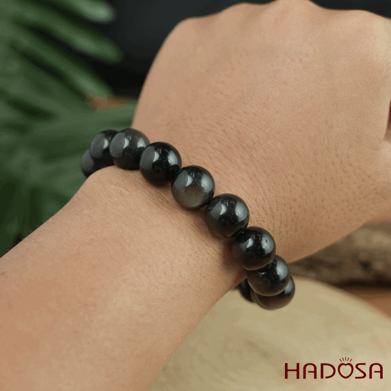 Vòng tay đá Obsidian-Hắc Diện Thạch ánh bạc 12mm