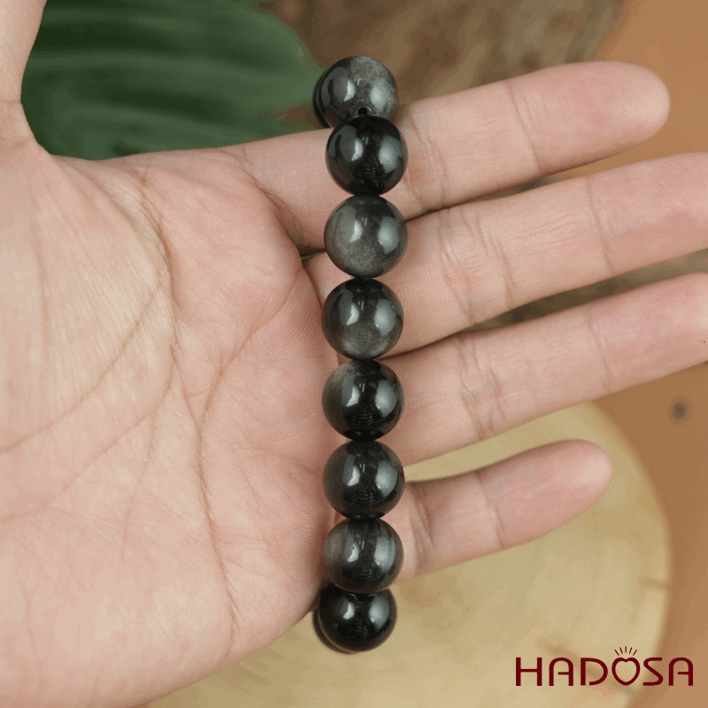 Vòng tay đá Obsidian-Hắc Diện Thạch ánh bạc 12mm