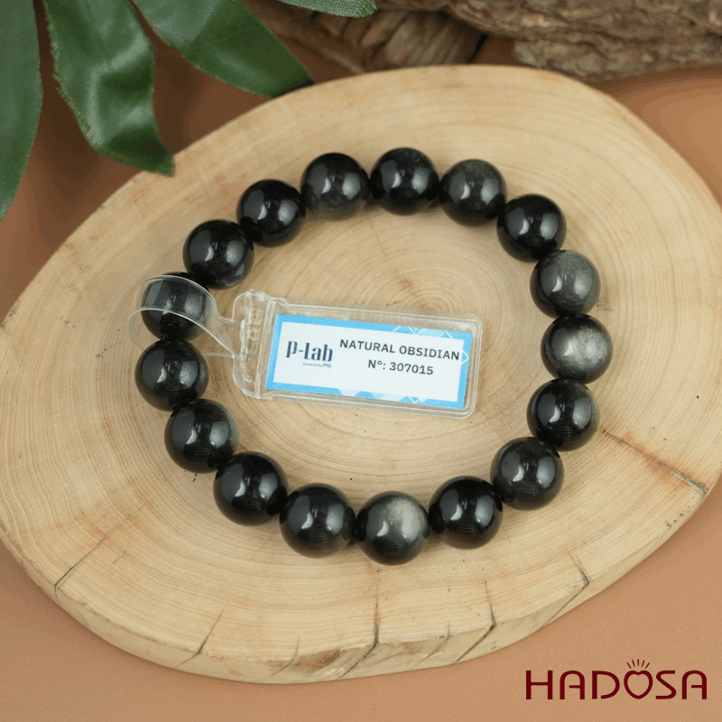 Vòng tay đá Obsidian-Hắc Diện Thạch ánh bạc 12mm