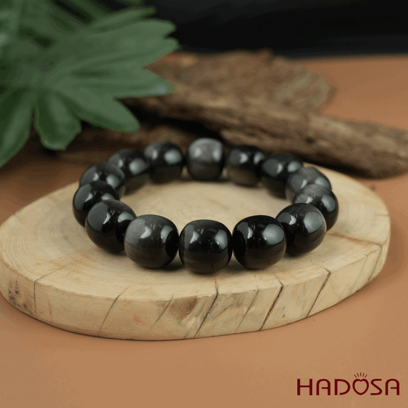 Vòng tay đá Obsidian-Hắc Diện Thạch ánh bạc hạt trụ 16mm