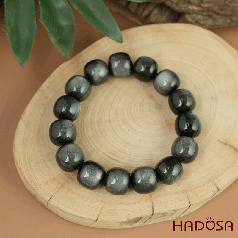 Vòng tay đá Obsidian-Hắc Diện Thạch ánh bạc hạt trụ 13x14mm