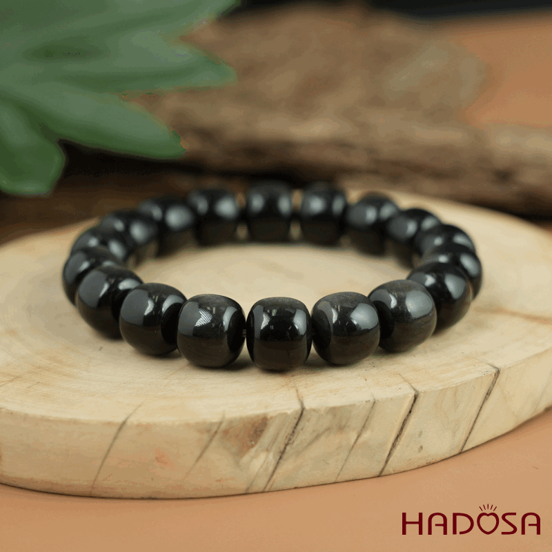 Vòng tay đá Obsidian-Hắc Diện Thạch ánh bạc hạt trụ 10x11mm