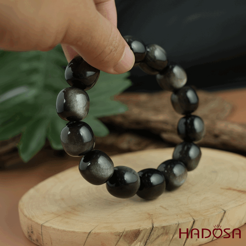 Vòng tay đá Obsidian-Hắc Diện Thạch ánh bạc hạt trụ 16mm