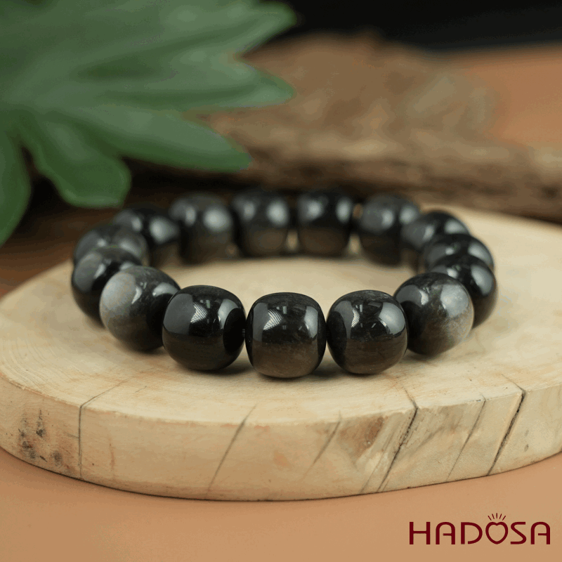 Vòng tay đá Obsidian-Hắc Diện Thạch ánh bạc hạt trụ 13x14mm