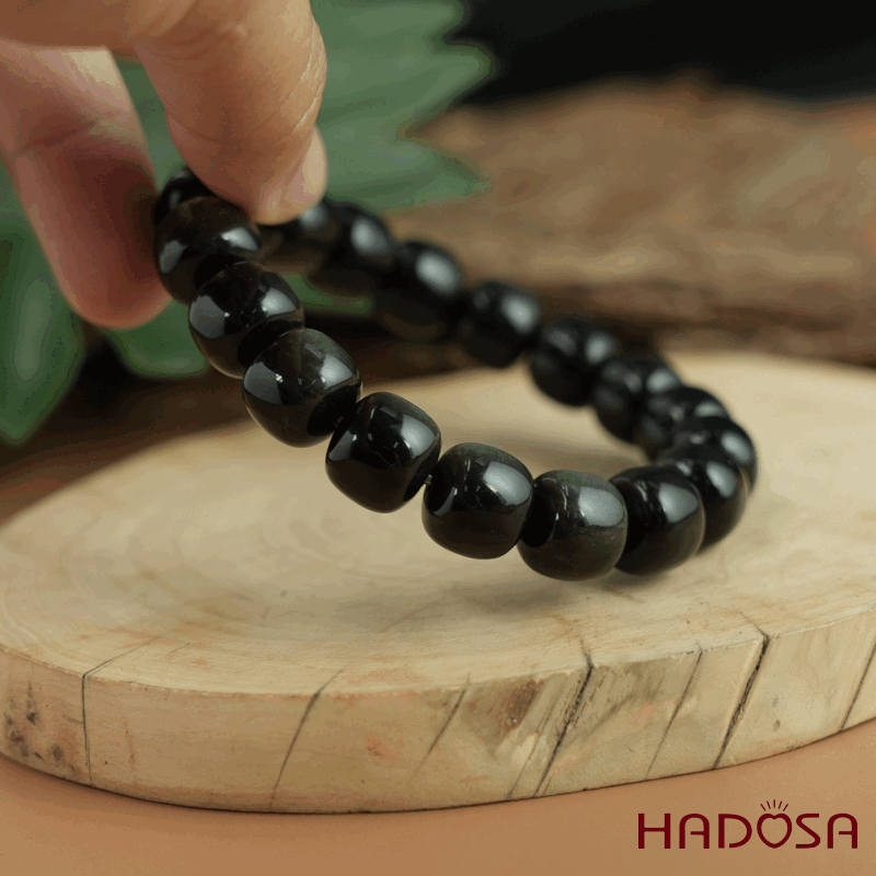 Vòng tay đá Obsidian-Hắc Diện Thạch ánh bạc hạt trụ 10x11mm