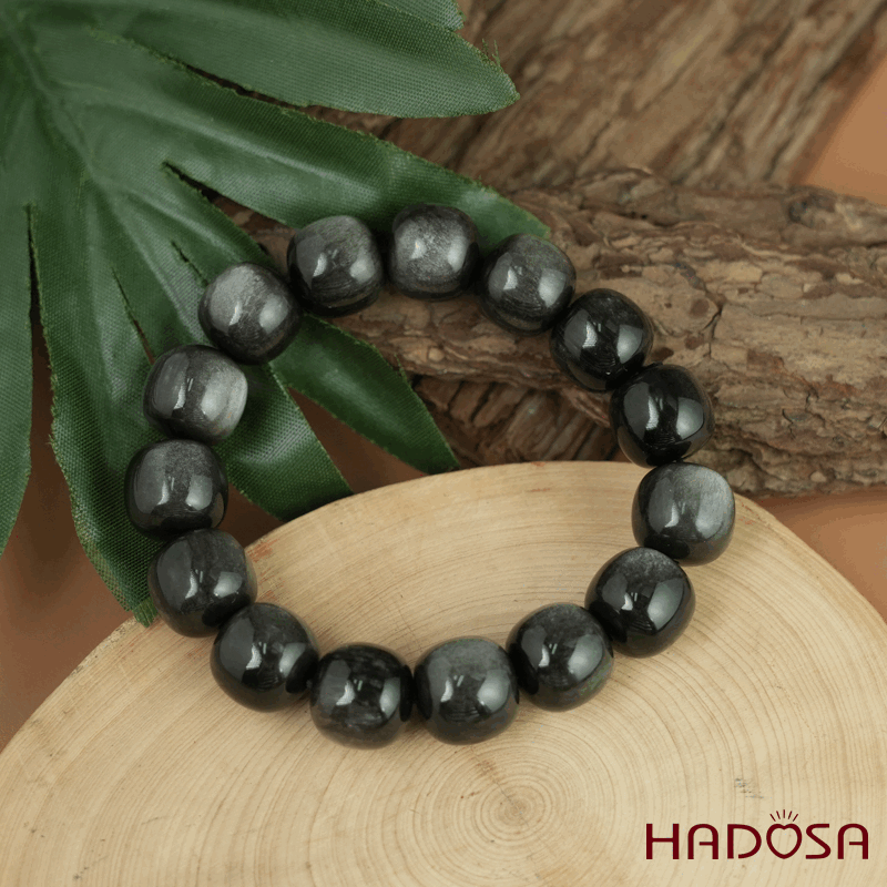 Vòng tay đá Obsidian-Hắc Diện Thạch ánh bạc hạt trụ 13x14mm