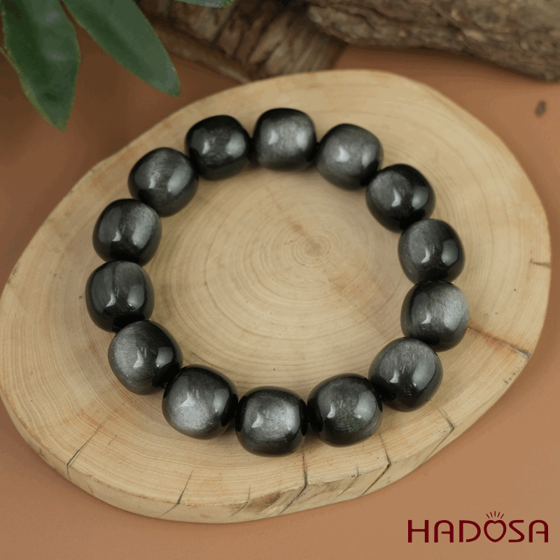 Vòng tay đá Obsidian-Hắc Diện Thạch ánh bạc hạt trụ 16mm