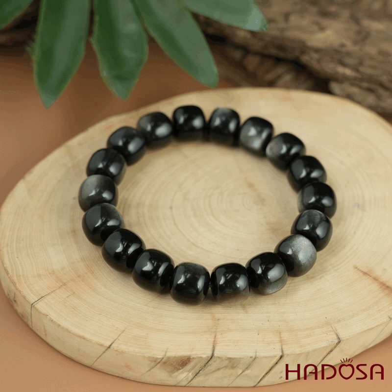 Vòng tay đá Obsidian-Hắc Diện Thạch ánh bạc hạt trụ 10x11mm