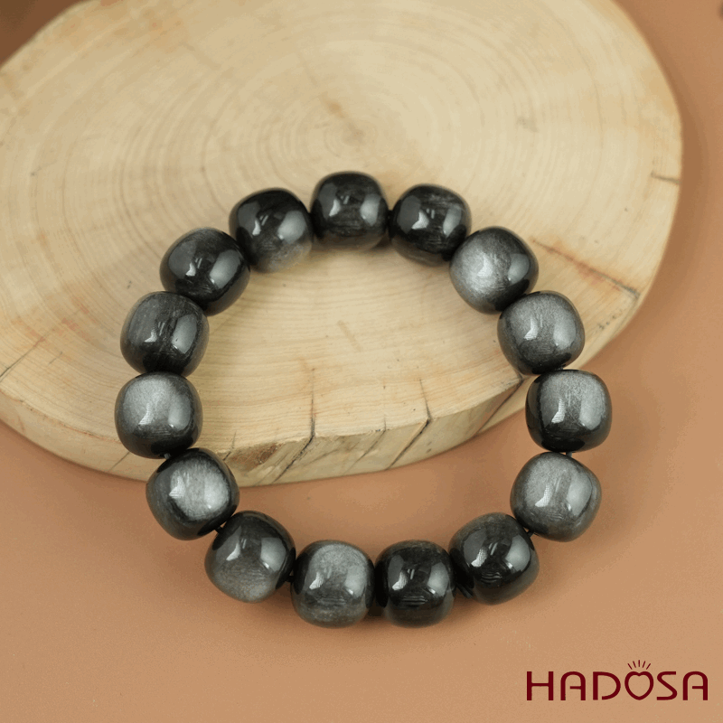 Vòng tay đá Obsidian-Hắc Diện Thạch ánh bạc hạt trụ 13x14mm